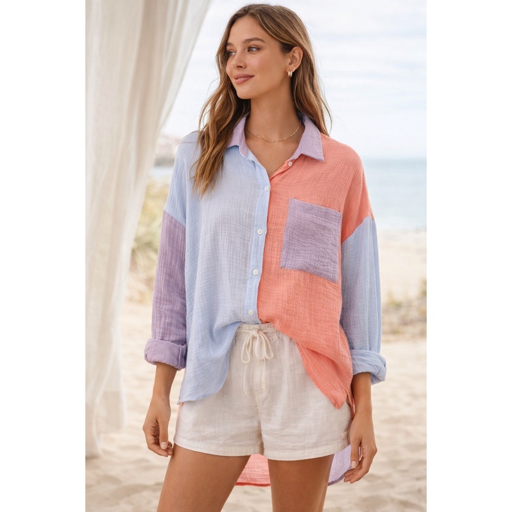 Oversized Gauze Button‎ Up Shirt Womens S Pastel Colorblock Boho Coastal